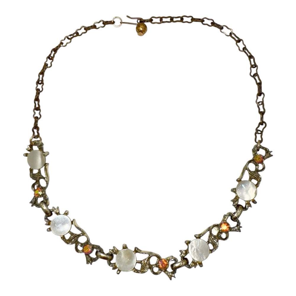 Vintage Mid-Century Mother of Pearl & Rhinestone Goldtone Choker Necklace